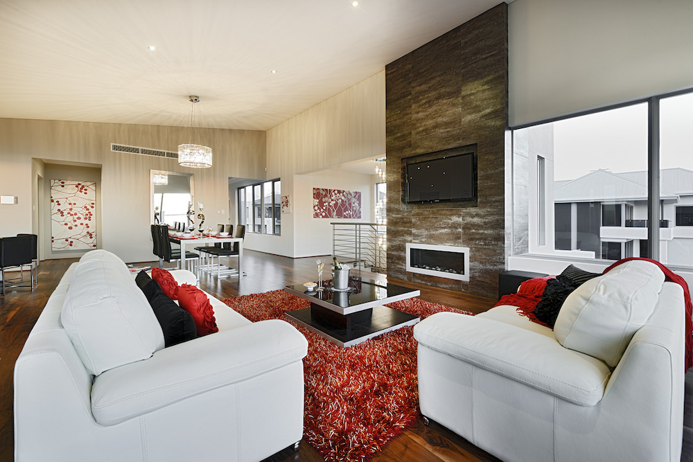 highbury homes perth builder two storey house design reverse living horizon white lounge fireplace wooden floorboards